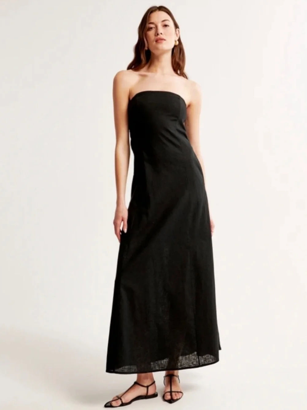 Abercrombie & Fitch Linen Blend Maxi Dress Detachable Straps & Pockets Black SZL